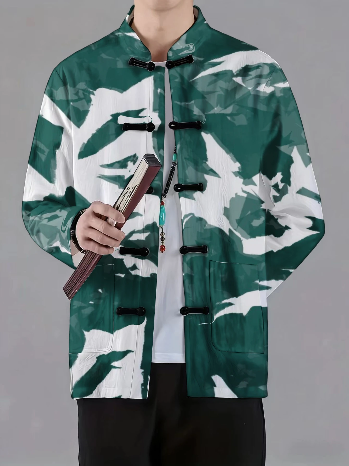 Men Mandarin Collar Frog Button Jacket Crane Dragon Ink Wash Abstract Print Traditional Outerwear