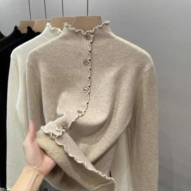 

Sweater Women's One Piece Velvet Autumn/Winter New Style with Velvet Half High Collar Inner Undercover Top