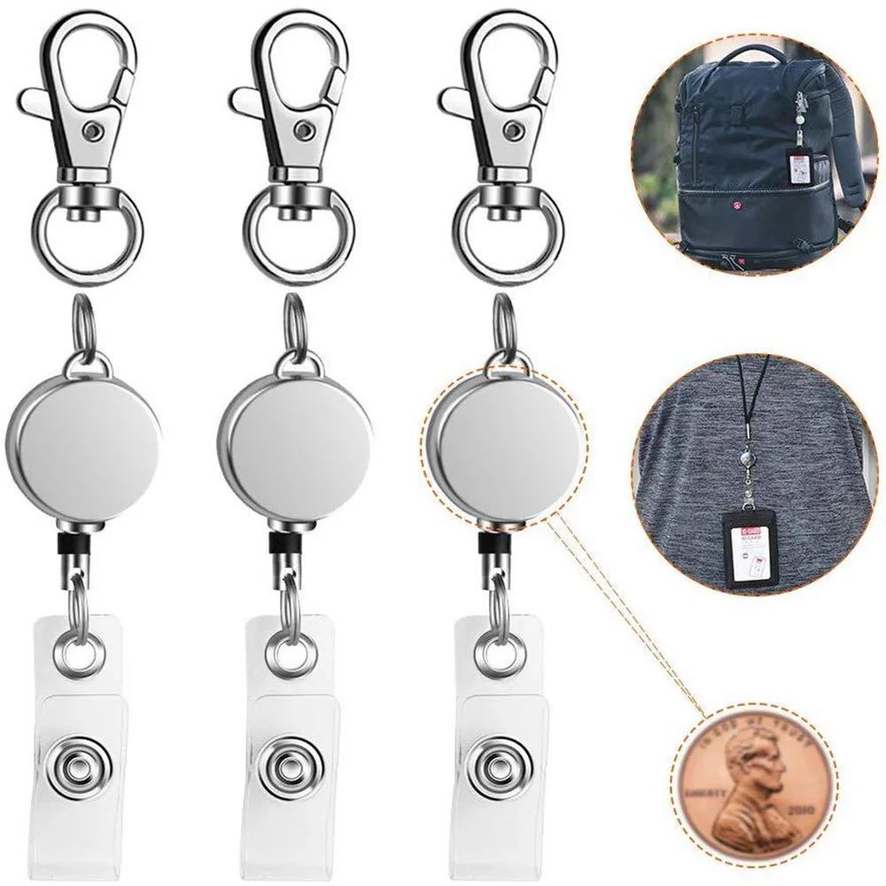 Metal Retractable Pull Badge Reel Zinc Alloy ID Lanyard Name Tag Card Badge Holder Reels Recoil Belt Key Ring Chain Clips Silver