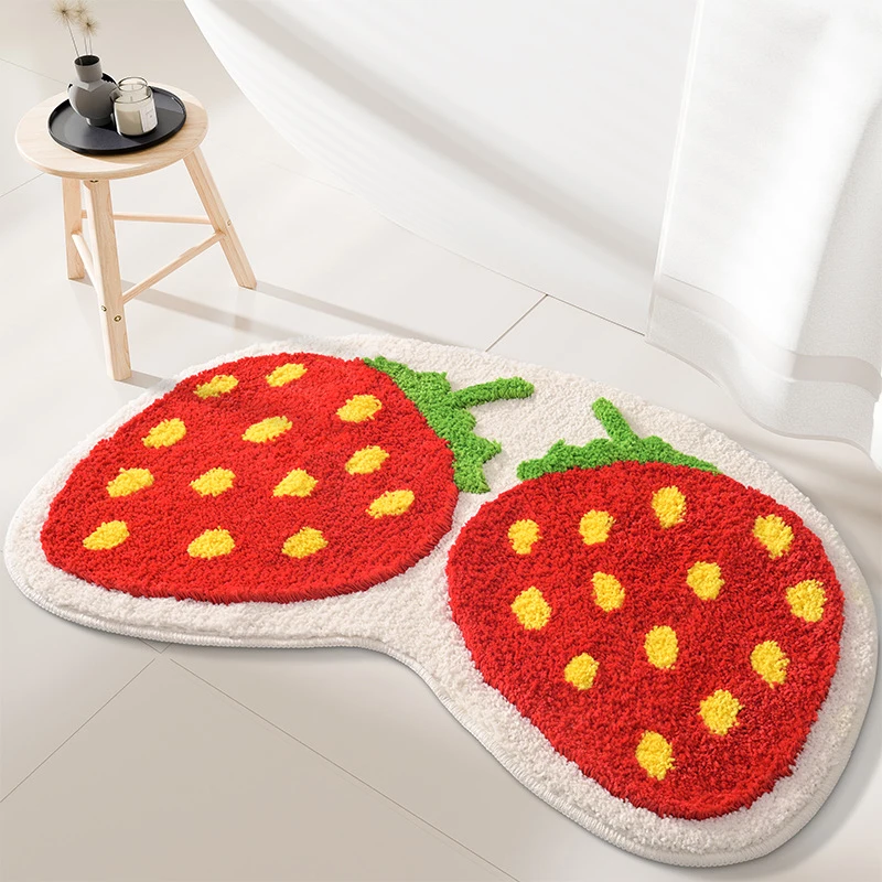 Strawberry Bathroom Rug Absorbent Non-Slip Cherry Peach Fruit Shaped Doormat Bathtub Plush Shower Rug Washable Home Decor Carpet