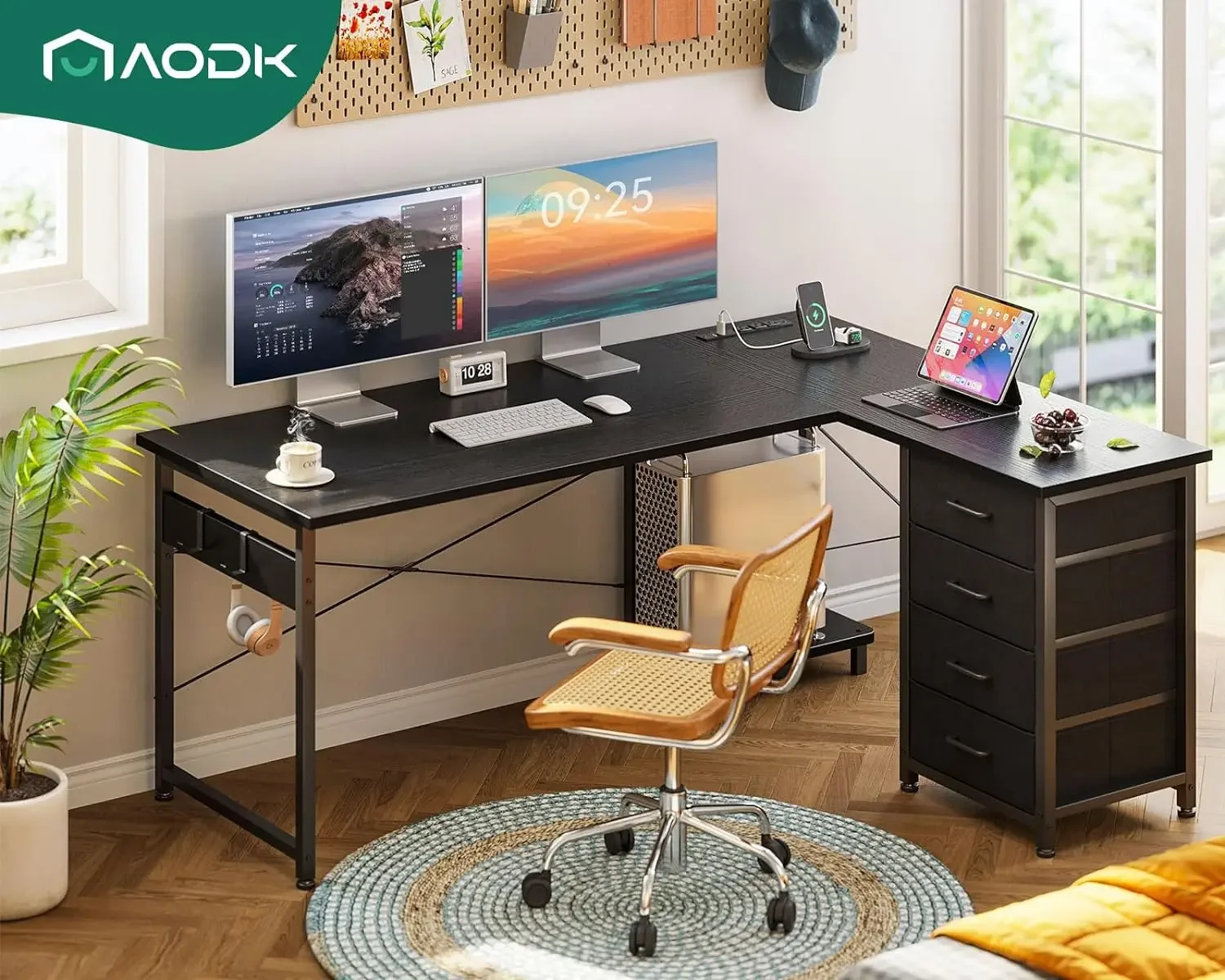 L Shaped Gaming Desk com Power Outlets, Computador Móveis Suprimentos, móveis reversíveis, 4 Tier Gavetas, 53"