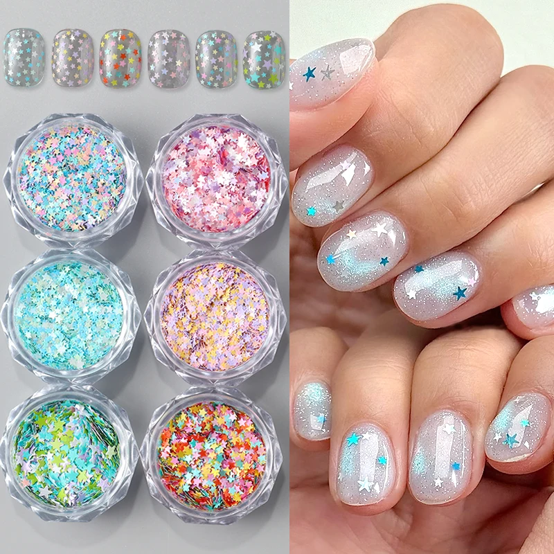 6 Box Mini Macaron Stars Nail Glitter Sequins Colorful Tiny Star Pentagram 3D Ultra-thin Flakes Japanese Korean Nail Art Decor
