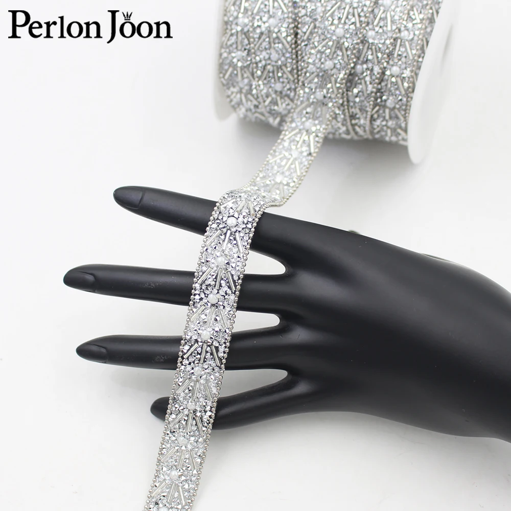 18mm silver pearl beads chain rhinestone trim tape hot fix craft crystal decoration iron on webbing clothing bags shoes TR167