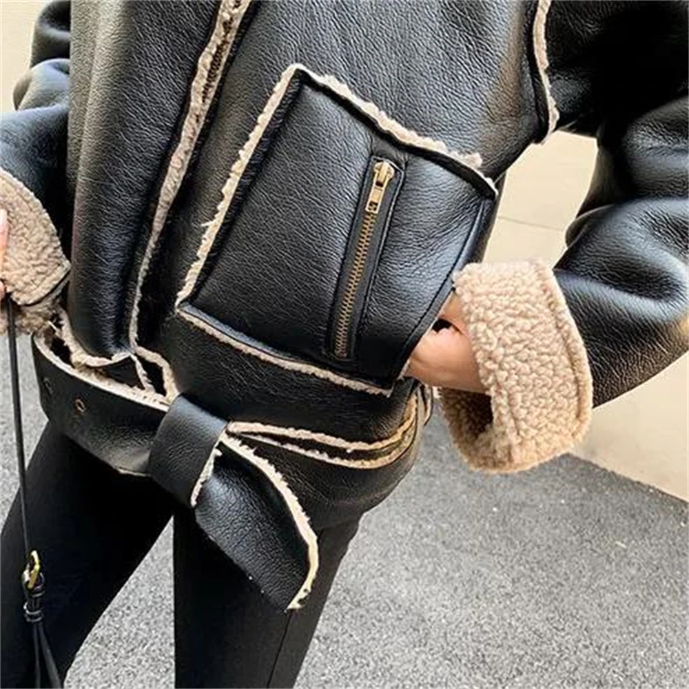 Women Faux Lamb Leather Jacket with Belt Female Streetwear Moto Biker Black Pu Leather Short Coat Outwear Autumn Winter Tops