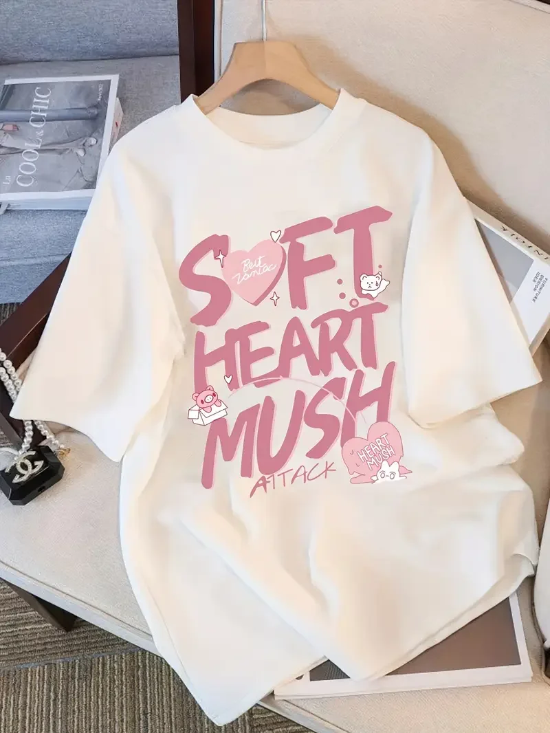 

Plus - Size Women's Short - Sleeve T - shirt, Pink “SOFT HEART MUSH” & Cartoon Print, Cute & Trendy