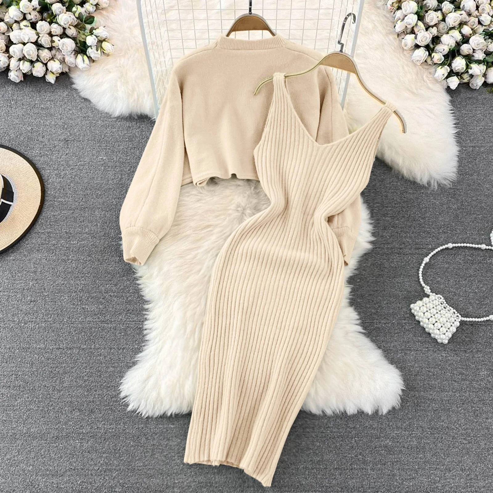 Female Elegant Knitting Dresses Suits Pearl O Neck Tees Two Piece Women Sweater Dress Slim Fit Ribbed Maxi Robe Femme Vestidos