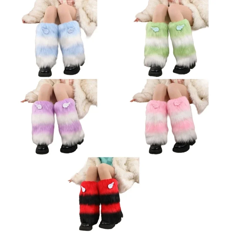 Women 3D Wing Leg Warmer Japanese Winter Colorblock Fuzzy Plush Boot Cuffs Wholesale