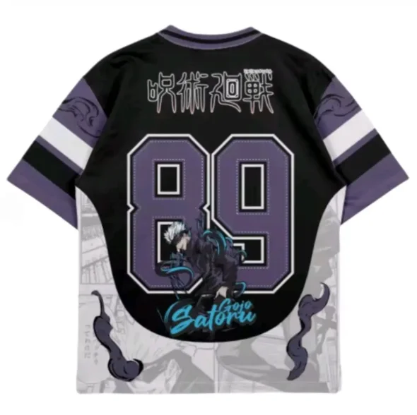 Jujutsu Battle Gojo Gojo Wears An Eye Mask and Wraps Around A Blue Purple Spell Power Airflow Pattern Jersey