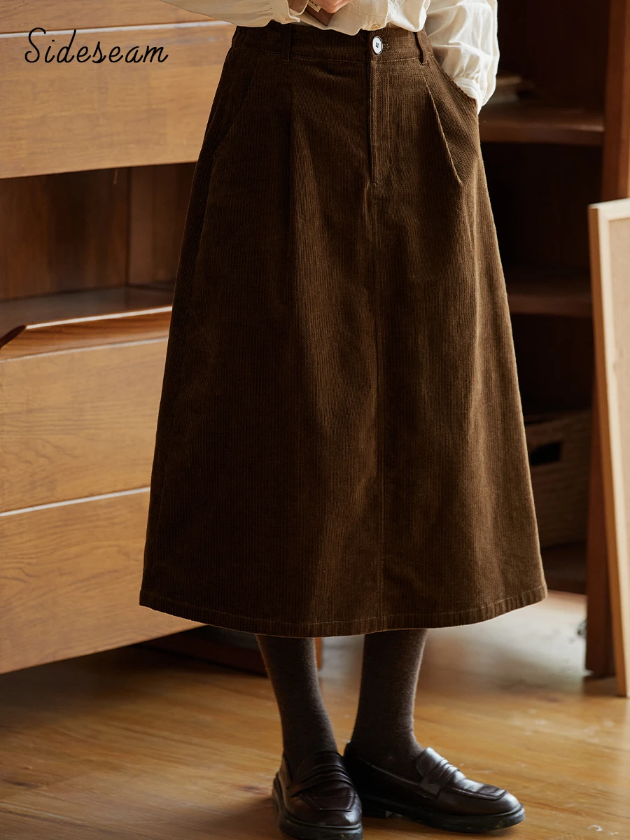 Retro Corduroy A-Line Skirt Women's Autumn Winter Texture Loose Elastic Waist Casual Style Girls' Fashion Skirts