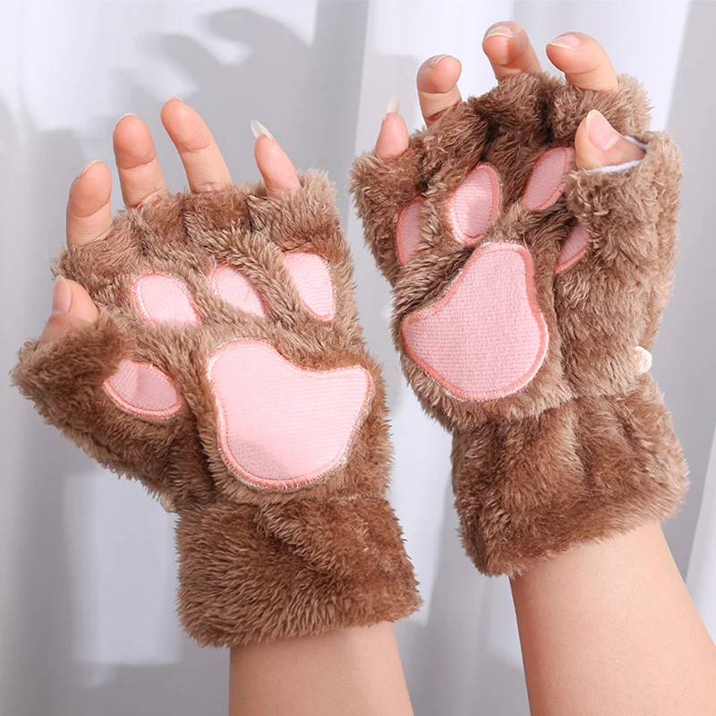 Kawaii Cute Plush Cat Claw Paw Gloves For Girl Novelty Hand Warmer Flip Half Finger Gloves Winter  Fingerless Bear Cat Gloves