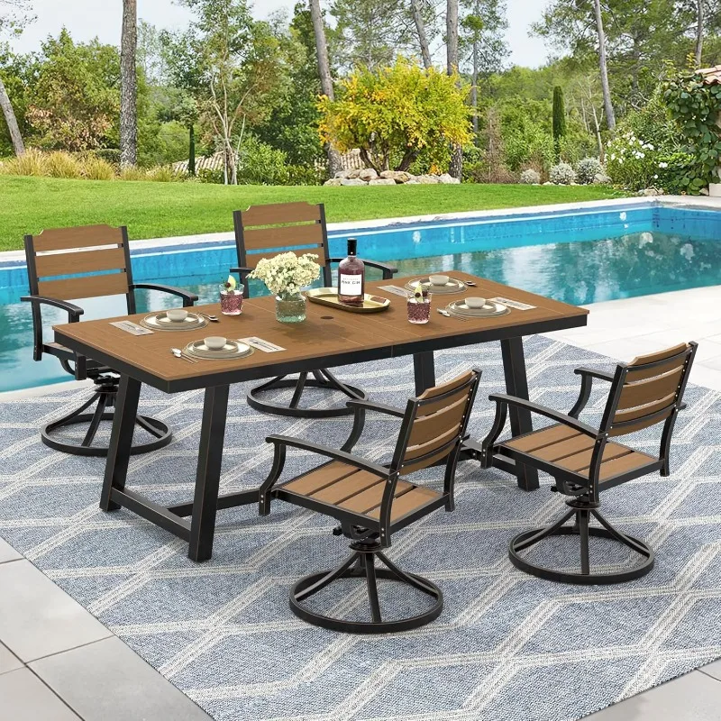 

HDPS Patio Dining Set Swivel Rocking with Umbrella Hole, Aluminum Frame with HDPS Seat, Bullard Outdoor Furniture Set