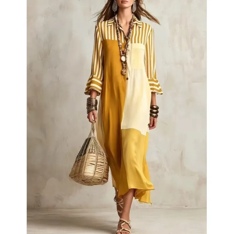 Elegant Color Blocked Women's Shirt Dress Spring Autumn Fashion Stripe Print Loose Lapel Dresses Ladies Casual Vacation Vestidos