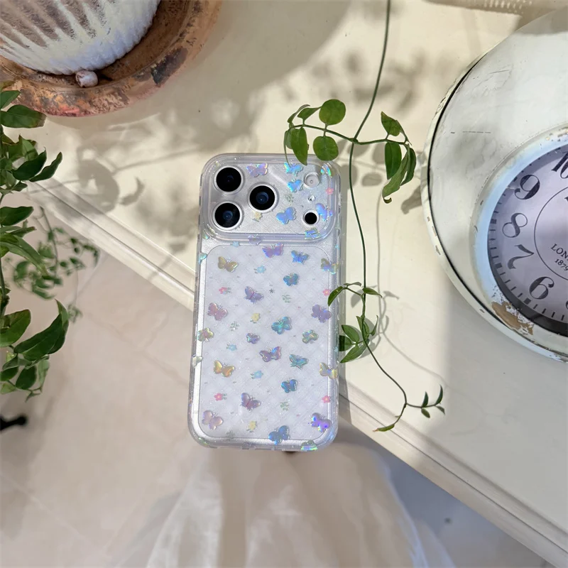 Kawaii Holographic Butterfly Glitter Clear Phone Case For iPhone 15 16 17 Pro Max INS Cute Large Window Shockproof Protective Co