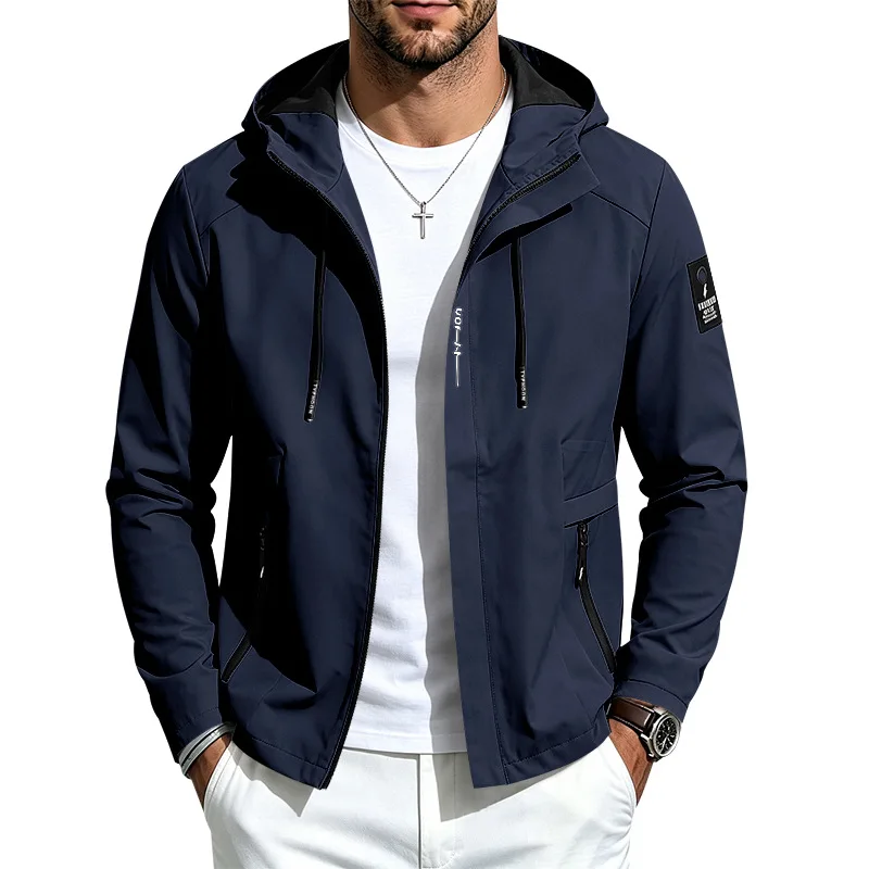 Men Lightweight Hooded Windbreaker Jacket, Full Zip Drawstring Hood Coat, Zipper Side Pockets Patch Decor Outdoor Casual Windpro
