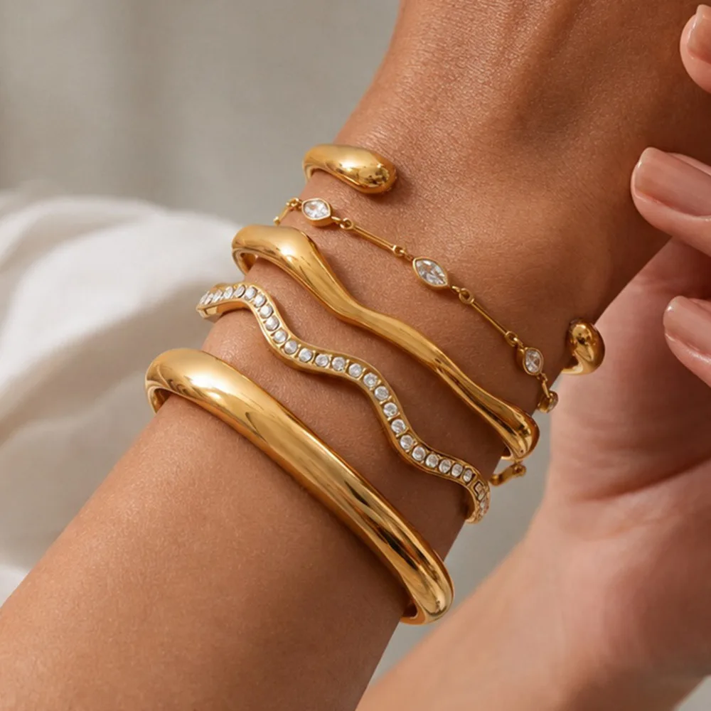 PuRui Trendy Inlaid Zircon Stainless Steel Bracelet for Women Simple Stackable 18K Gold Plated Cuff Open Bangle Non Fade Jewelry