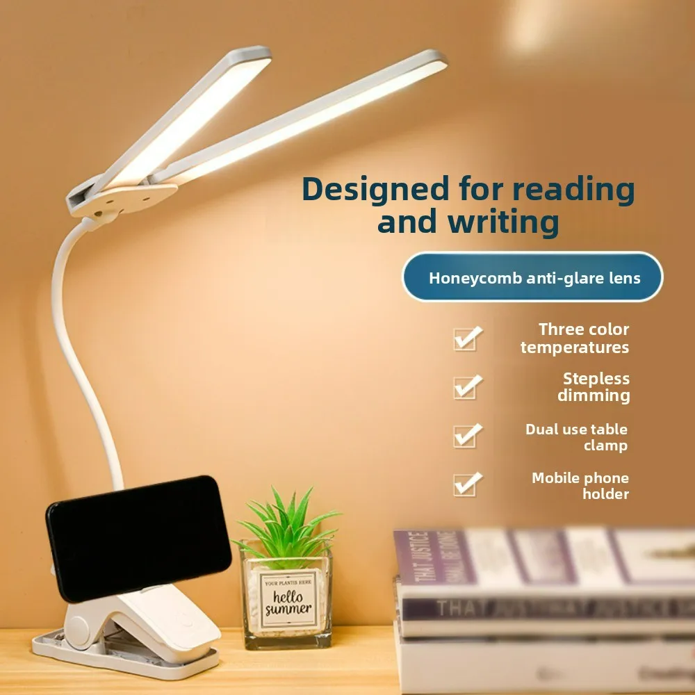 USB Rechargeable Clip-On LED Desk Lamp - Eye-Caring Reading Light for Students, Dorm/Bedroom Portable Small Study Lamp
