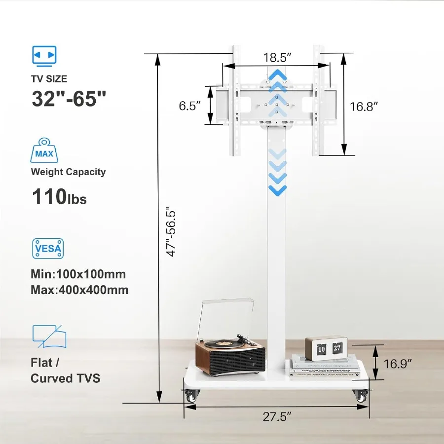 حامل تلفزيون محمول بارتفاع قابل للتعديل لأجهزة التلفاز مقاس 32 إلى 65 بوصة في وضع الصورة أو المناظر الطبيعية مثالي لغرفة المعيشة أو B #6