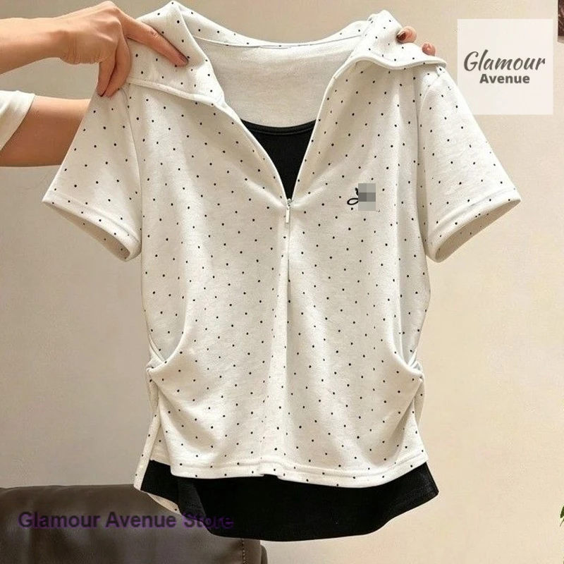 Korean embroidery stitching fake two navy collar short-sleeved T-shirts women's summer slim pleats with wild bottoming shirts.