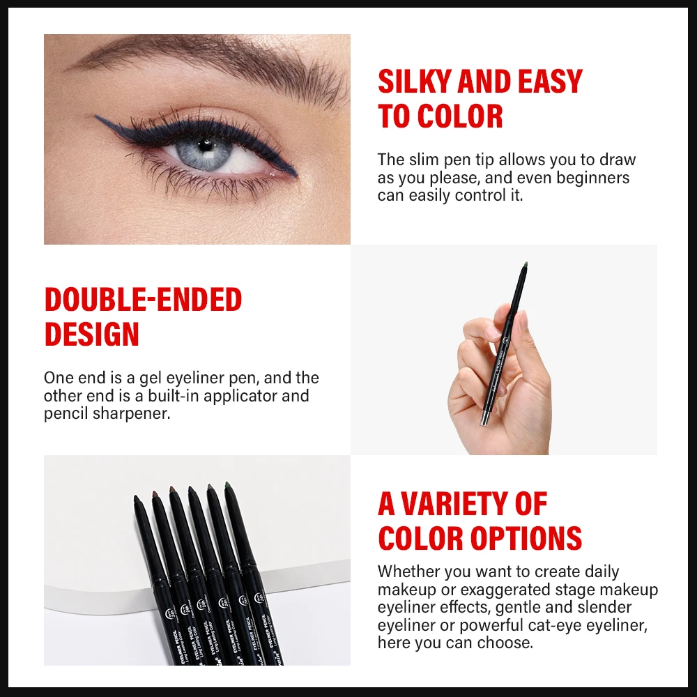 6 Colors Smooth Double-Ended Design Eyeliner Pencil Waterproof Long Lasting Eye Liner Pencil Make-up for Women Cosmetics Tools