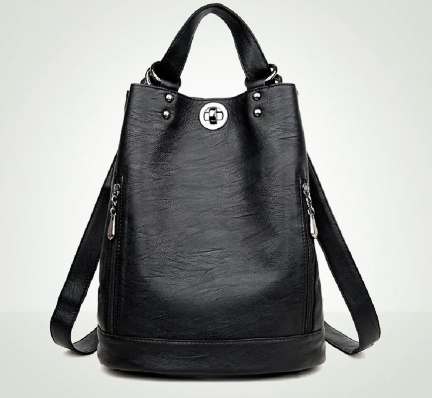 2026 Korean Fashion Large Capacity Bucket Backpacks Women's High Quality Soft Leather Shoulder Bags School Bag Crossbody Bagpack