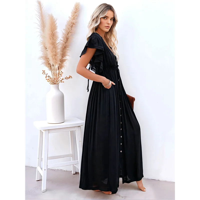 ABRT-Abito da spiaggia estivo casual da donna Abito maxi con volant Abito boho abbottonato Tunica lunga