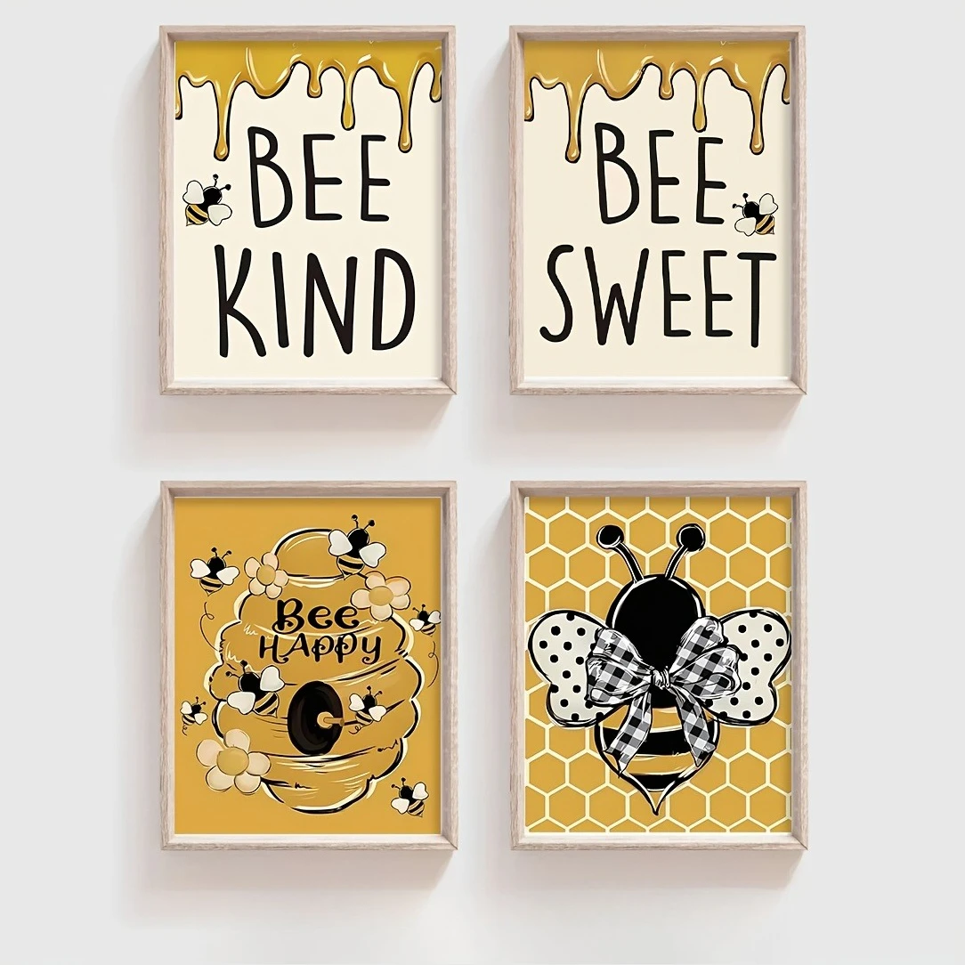 Cute Bee Animal Nursery Canvas Printing Bee Kind Bee Happy Positive Pattern Wall Art Poster for Modern Kindergarten Home Decor