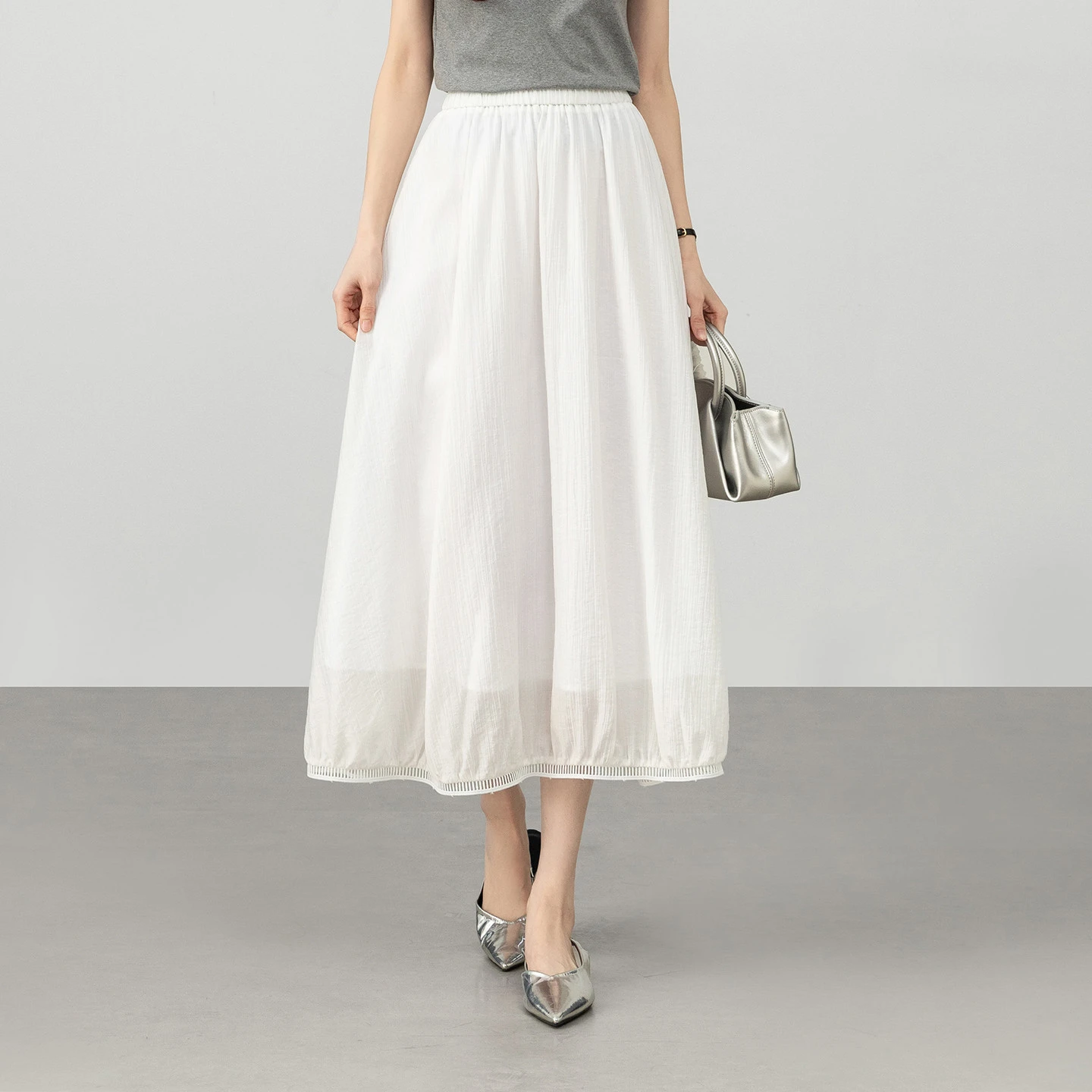 

SENTUBILA Women Lyocell White Midi Skirt 2026 Summer New Elastic Waist A-Line Hollow Lace Trim Loose Casual Skirt 161QA5019