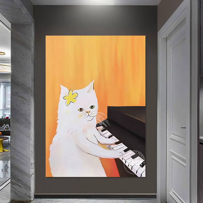 Cute Cat Cartoon Picture, 3D Piano Hand Drawing, Abstract Canvas Roll Design Wall, Frameless, Black And White Art Painting Decor