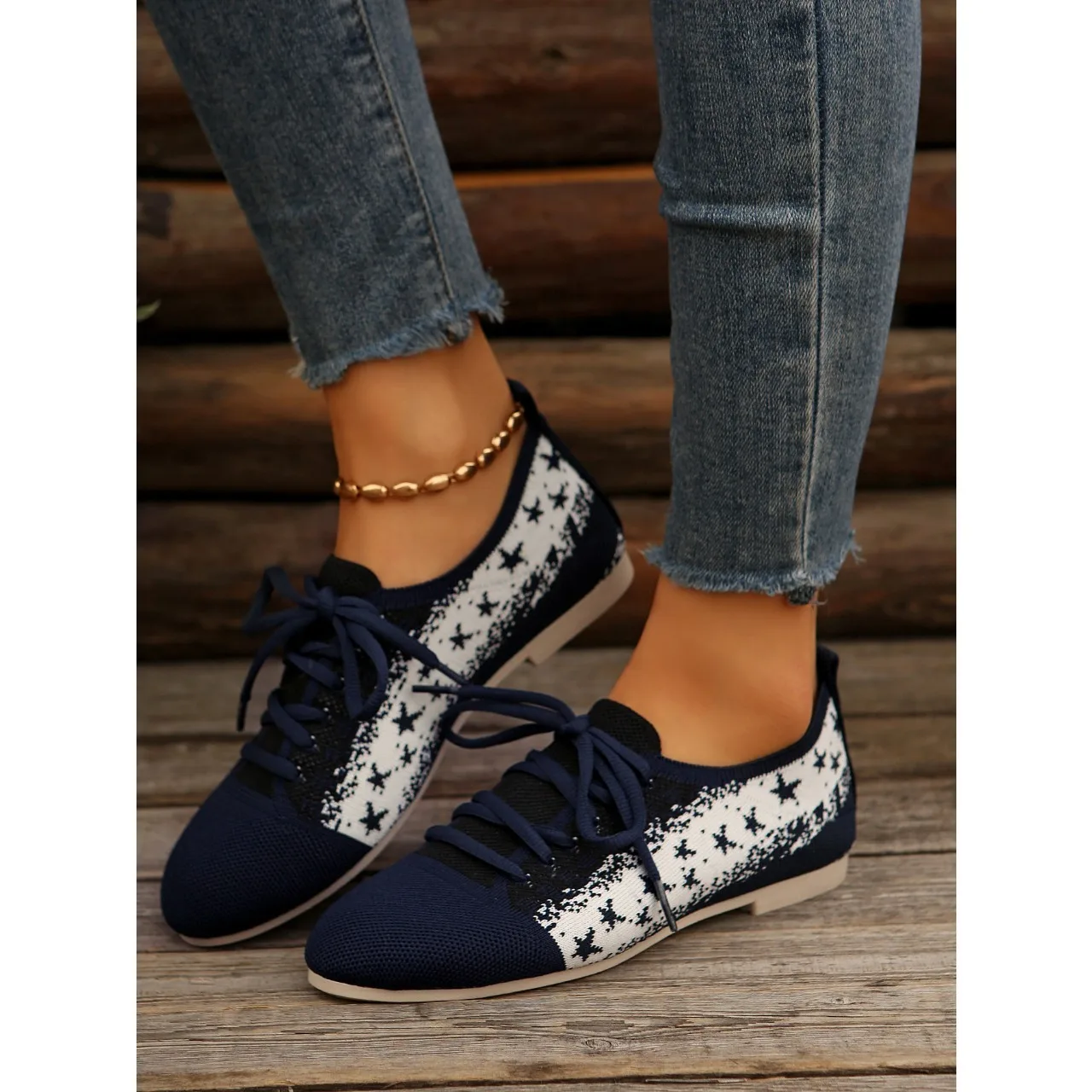 Women's Round Toe Flats Shoes Women Fashion Autumn Casual Lace-up Shoes Knitted Mesh Breathable Flat Shoes Woman Sneakers