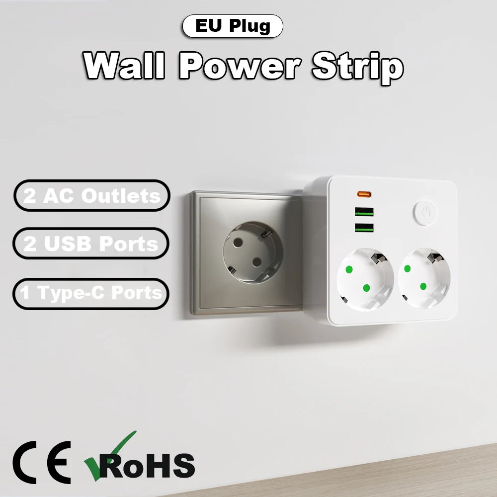 Regleta de Enchufes con Enchufe Europeo, 2 Tomas de CA + 2 USB + 1 Puerto Tipo-C, Cargador de Pared 5 en 1, 2500W Máx., Filtro de Red