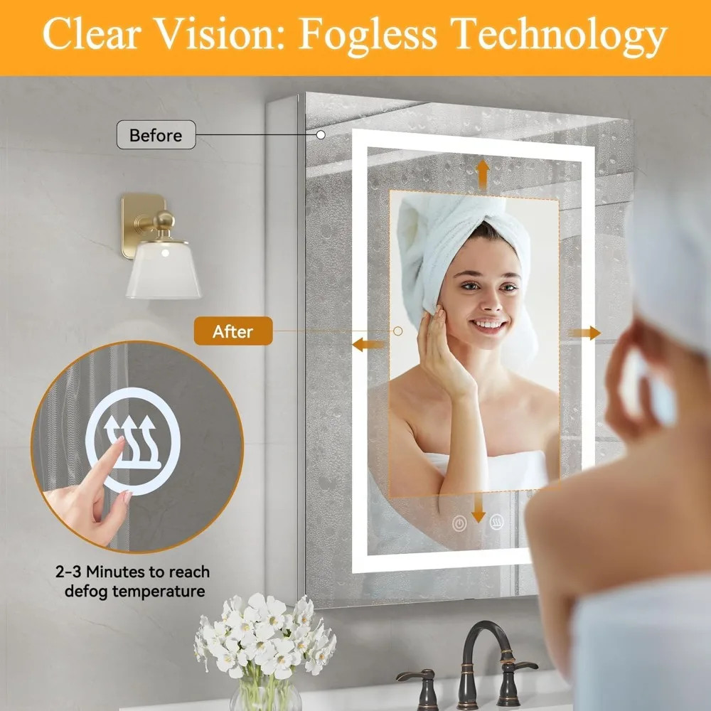خزانة طبية مضيئة بإضاءة LED مقاس 24 × 30 بوصة للحمام، مثبتة على الحائط مع إزالة الضباب و3 إعدادات لدرجة الحرارة