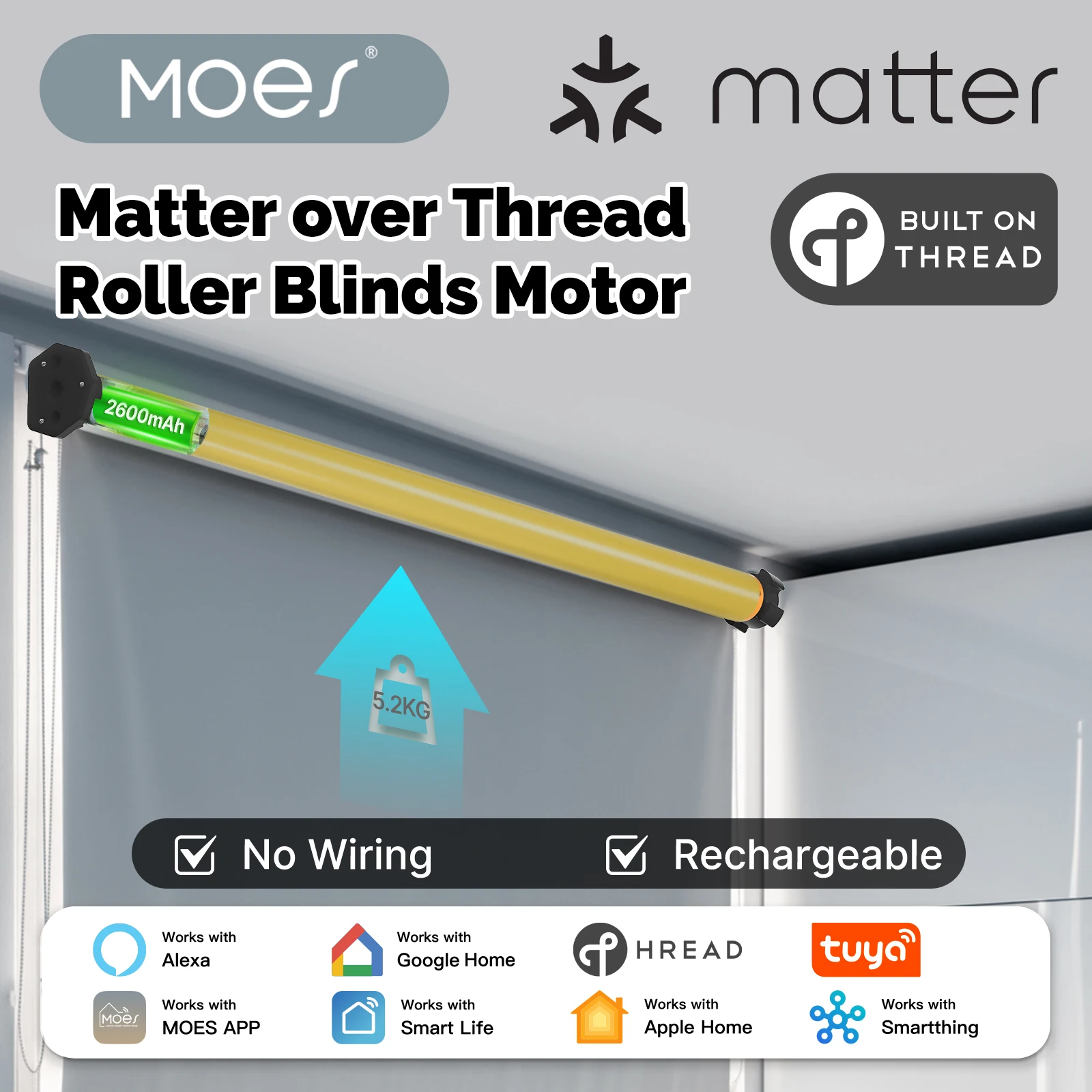Matter Thread Smart Roller Blinds Motor, Rechargeable 2600mAh Type-C, App Voice Timer Control, Alexa Google Home Apple Home