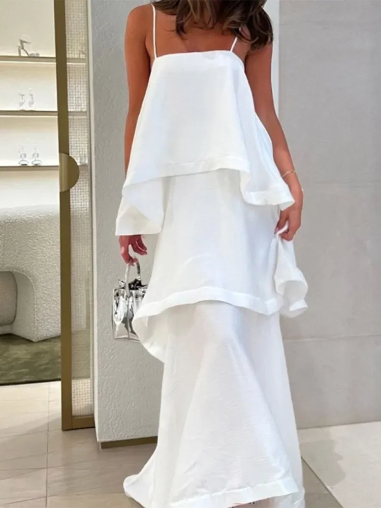 Eleganckie, jednolite sukienki maxi na ramiączkach, damskie, modne, bez rękawów, warstwowe, z falbanami, z odkrytymi ramionami, luźne sukienki letnie, odzież wakacyjna dla kobiet.