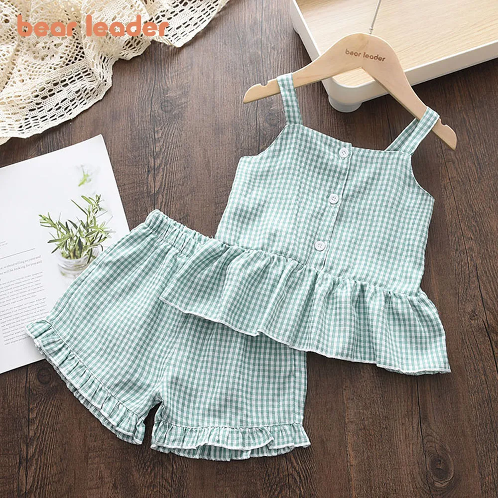 Bear Leader Girls Clothing Sets 2022 Summer Kids Clothes Floral Chiffon Halter+Embroidered Shorts Straw Children Clothing