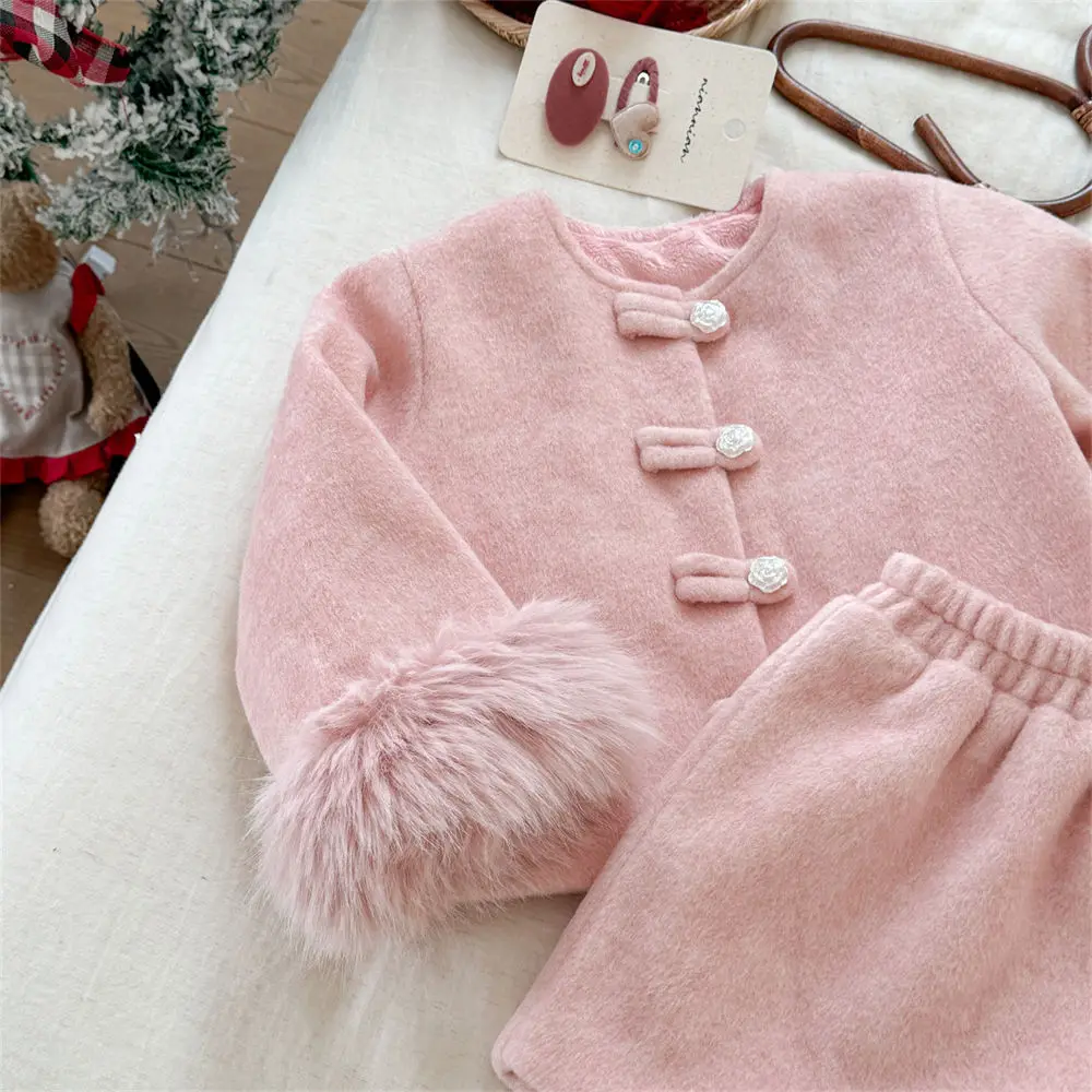 Autumn and Winter Girls Fashionable Chinese Style Button Up Cardigan Hairy Cuff Coat Stylish Thick Half Skirt Kids Outfits Set