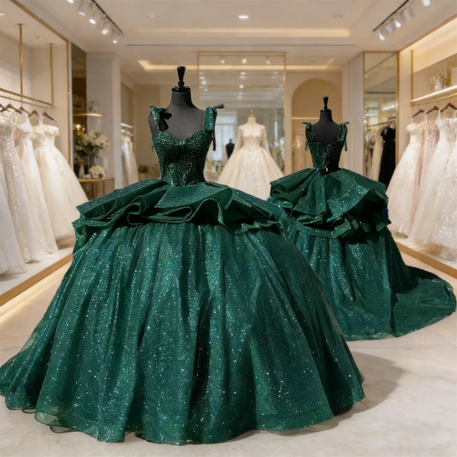 

Vintage Shinny Emerald Green Women Prom Birthday Party Dress Beads Tiered Tulle Puffy Occasion Wear 15 16 Quinceanera Customized