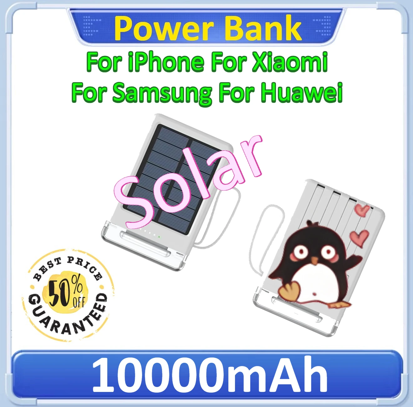 

10000mAh For iPhone/Xiaomi/Samsung/Huawei Portable Spare External Battery Solar Power Bank