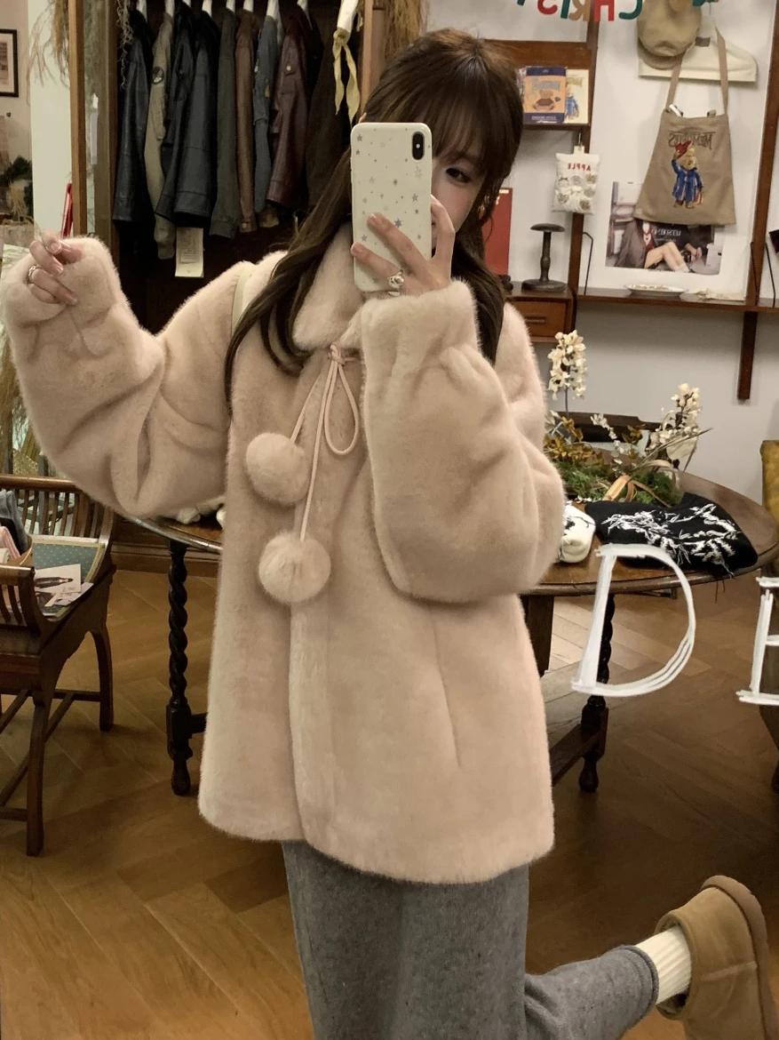 الكورية Sle الحلو لطيف فرو المنك الاصطناعي معطف متكامل المرأة الشتاء ort Thiened عارضة Plu معطف كبير