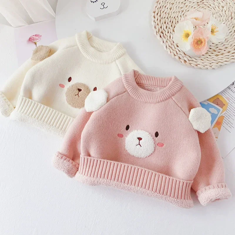 Children\'s Sweaters 1-6 Y Winter Girl\'s Add Fleece Knit Pullover Kid\'s Cute Cartoon Bear Sweater Thicken Warm Undercoat ﻿