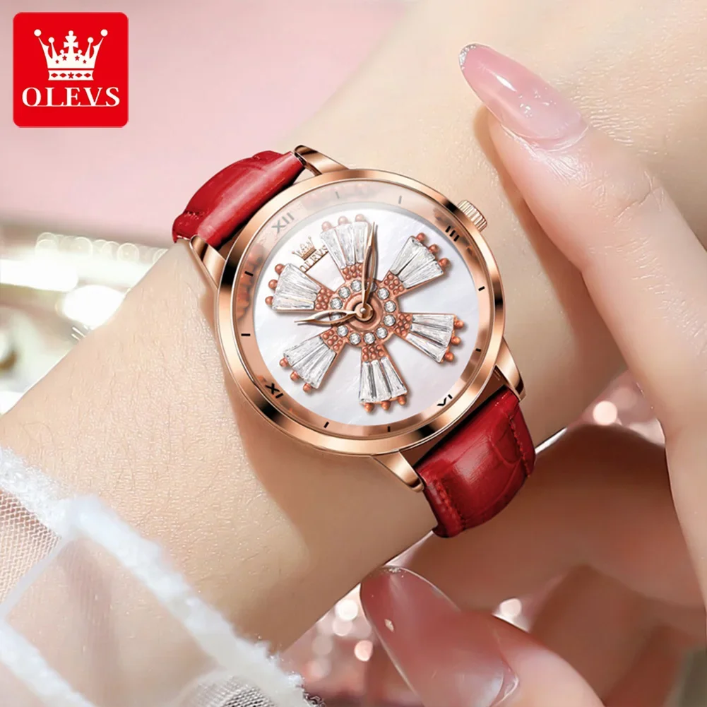 

OLEVS 5579 Rotating flowers Quartz Watches For Women, Waterproof Fashion Leather Strap Women Wristwatches