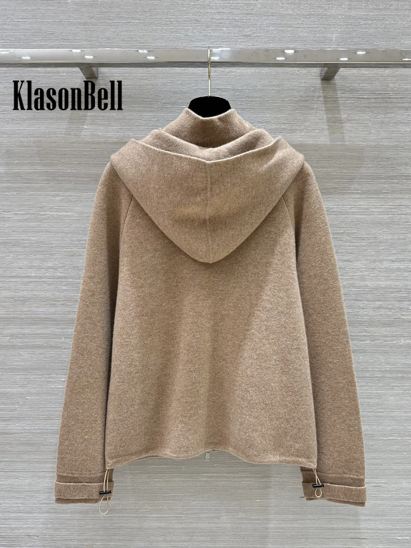 8.22 KlasonBell Women Fashion Stand Collar Hooded Cashmere Jacket Detachable Adjustable Big Pocket Zipper Coat