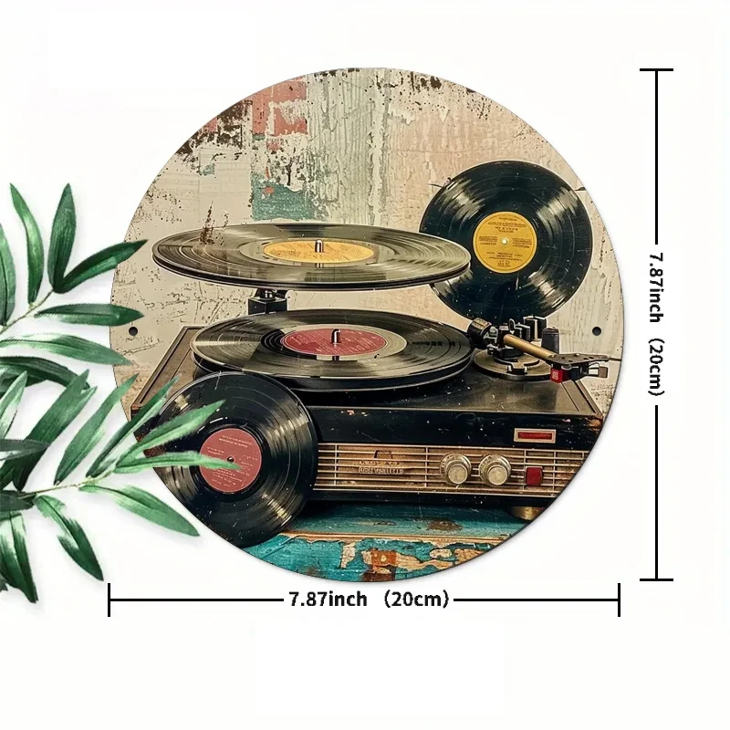 Room Decor Vintage Vinyl Record Player Round Wooden Sign, 8x8 Inch Antique Wall Art, Retro Music Themed Hanging Decor for Bar, H