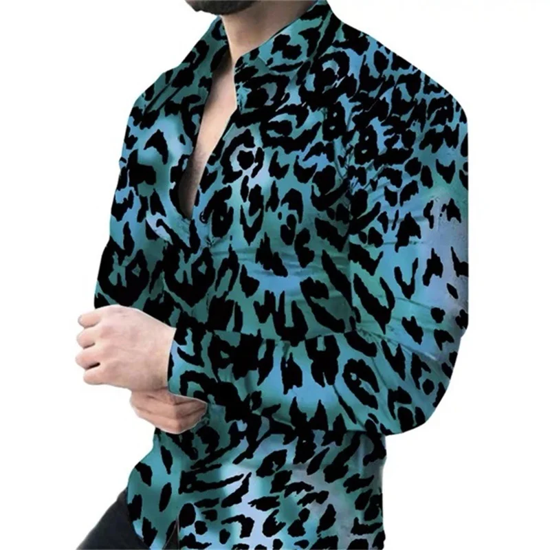 The new summer men\'s casual 3D printed leopard print long-sleeved slim-fit lapel shirt plus size XS-6XL