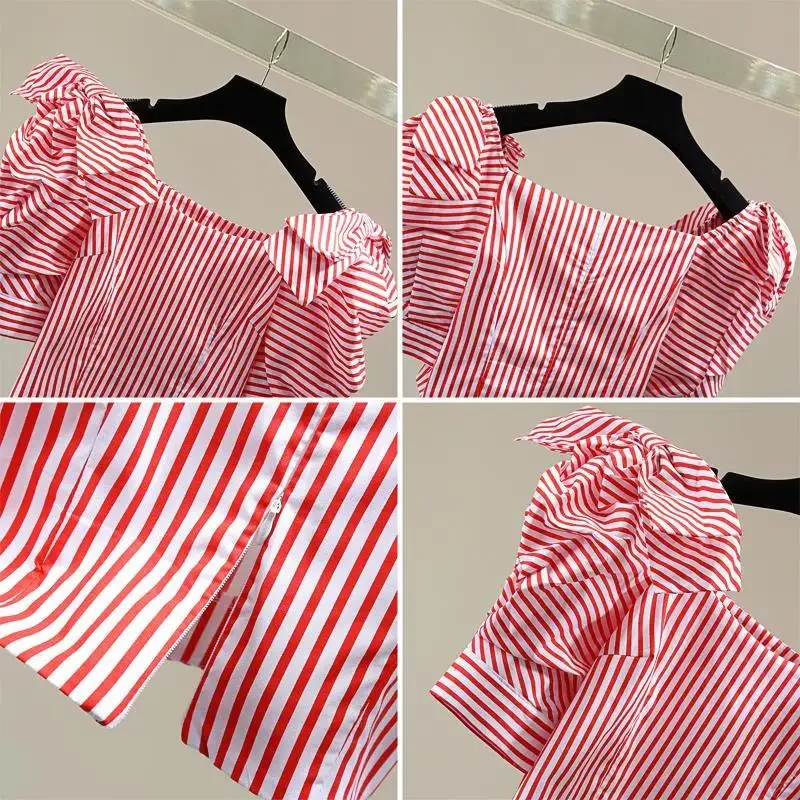 Neploe 2024 Summer Korean Slim Fit High Waist Short Shirt Vintage Stripe Bow Zipper Puff Sleeve Blouses Femme Chic Sweet Blusas