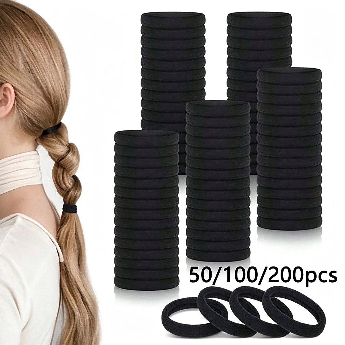 50/100/200pcs Simple Black Hair Ties High Elasticity for Women And Girls No Damage Thick Hair & Fine Hair Suitable Casual Hair