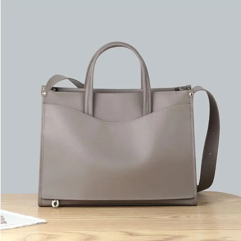 Grey Laptop Bag Business 14.5 Inch Tote Bags Waterproof Leather Briefcase Computer Women Business Office Work Casual Handbag