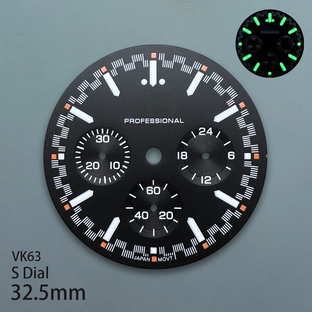 Quadrante professionale con logo S da 32,5 mm, adatto al movimento VK63, verde luminoso, accessori per la modifica dell'orologio di alta qualità