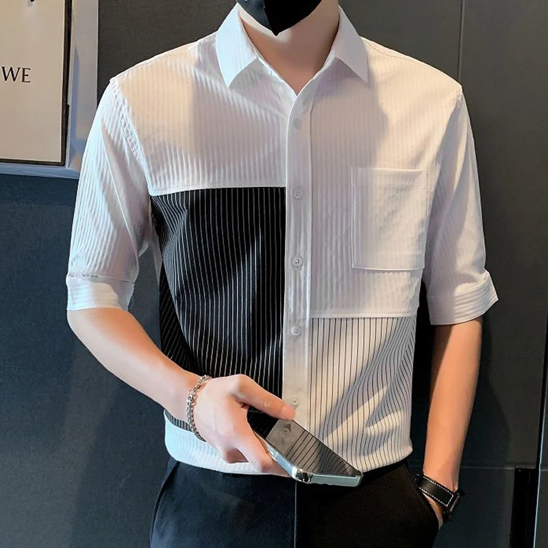 Fashion Loose Spliced Pockets Business Striped Shirts Men\'s Clothing 2024 Summer New Casual Tops All-match Asymmetrical Shirt