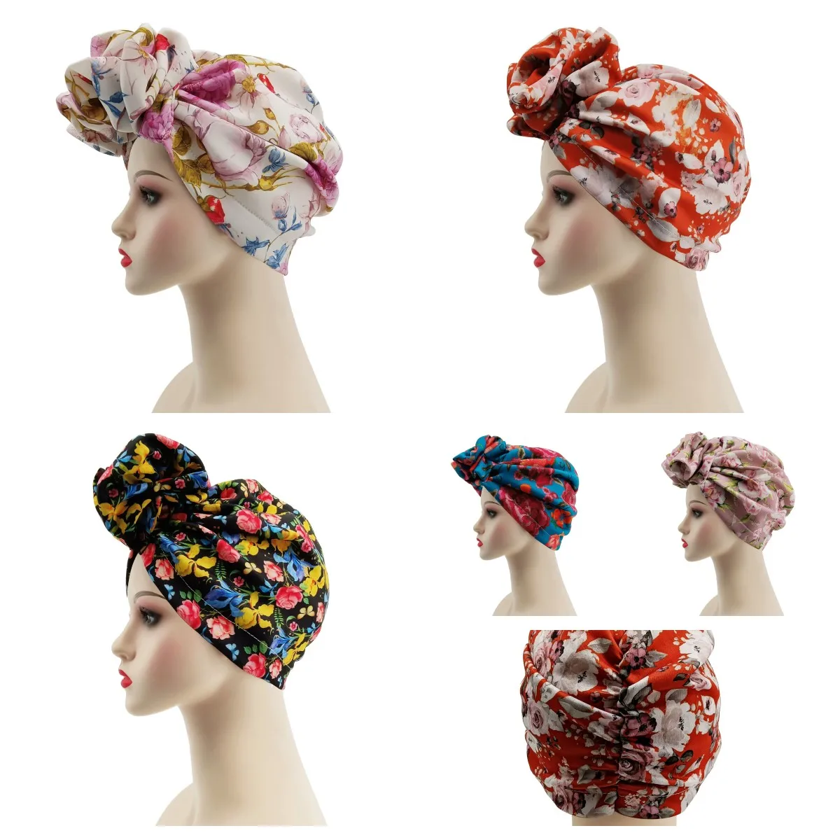 

Muslim Women Flower Turban Hat Soft African Headtie Print Stretch Bandana Head Wrap Party Headwear Cap Chemo Bonnet 6 Pcs/pack