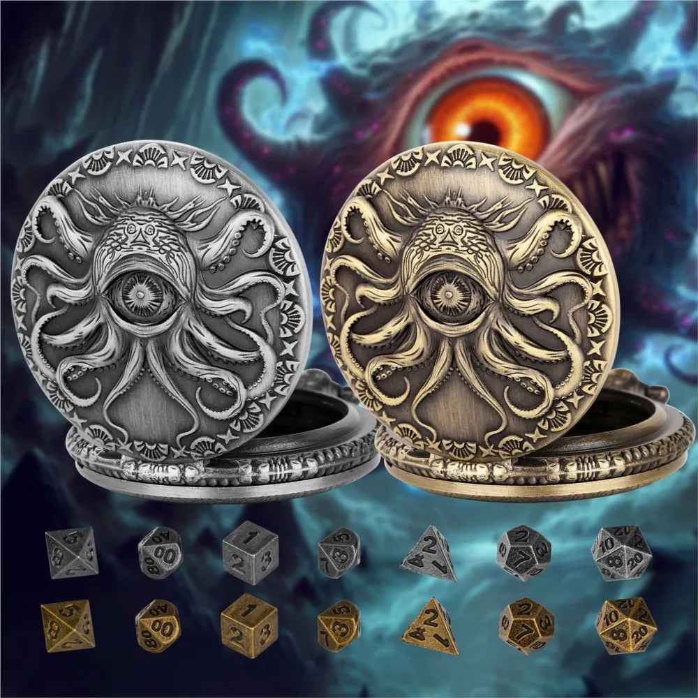 7 mini metal DND dice, retro octopus eye pocket watch dice, suitable for DND dice players dragon pocket watch box